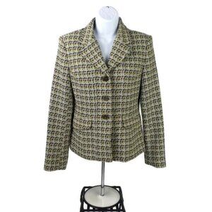 Vintage Talbots Blue Green Geometric Check Wool Blazer Italian Fabric Womens 4